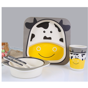 5pcs/sets Cow Baby Kids Dish Natural Bamboo Fiber Tableware Dinner Set